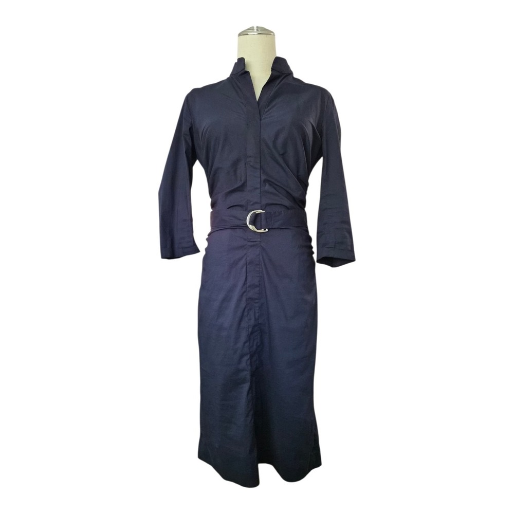 René Lezard Navy Sheath Dress Belted Midi Career Office Quiet Luxury EU 36